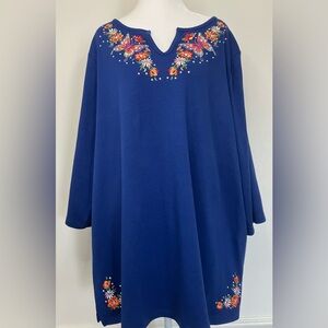 Quacker Factory Embroidered Floral Butterfly Top 3X Blue 3/4 Sleeve Rhinestone